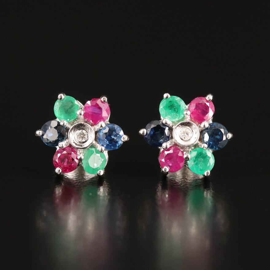 14K Ruby, Sapphire, Emerald and Diamond Stud Earrings