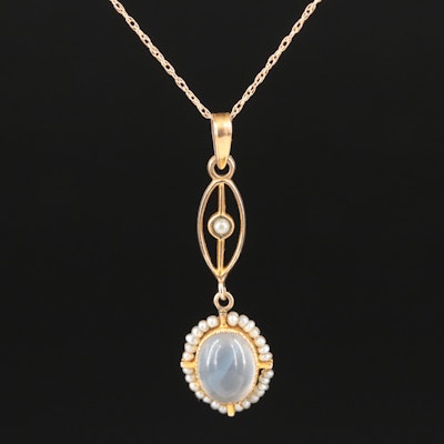 Art Nouveau 10K Moonstone, Seed Pearl and Faux Pearl Lavalier Pendant Necklace