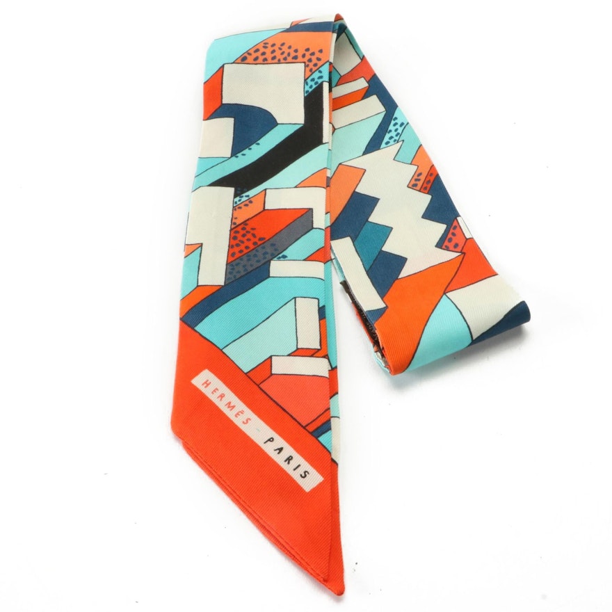 Hermès Silk Twilly Scarf in Multicolor Geometric Print with Box
