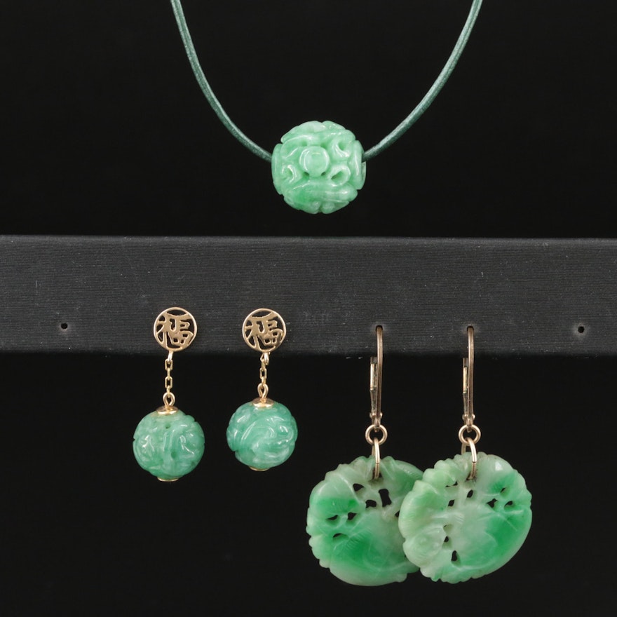 14K Carved Jadeite Necklace and Earrings Including Good Fortune Bead Earrings