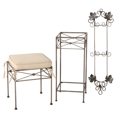 Neoclassical Style Silvered Metal Stool, Stand and Wall Shelf