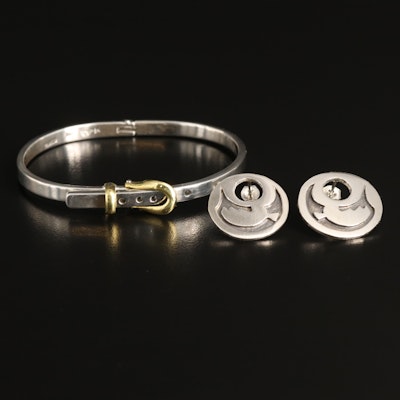 Sterling Buckle Hinged Bangle and Disk Earrings