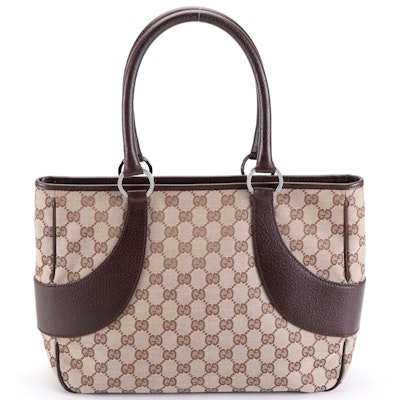 Gucci Tote in GG Canvas and Brown Cinghiale Leather