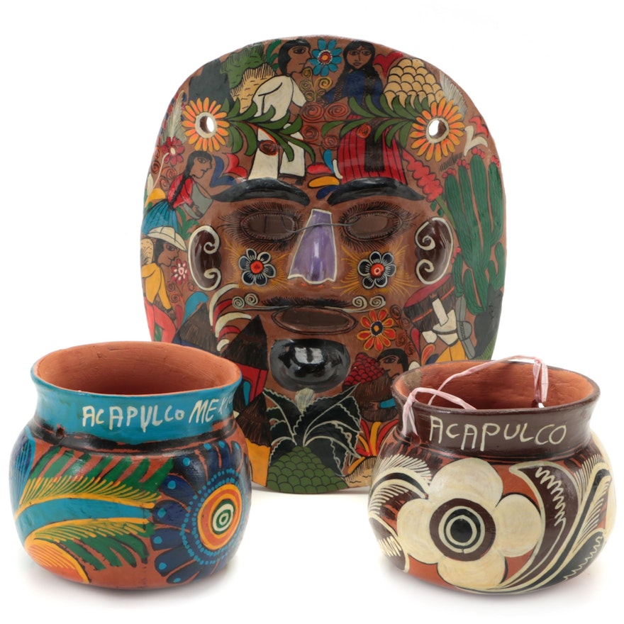 Acapulco Mexican Terracotta Bowls With Souvenir Wall Mask