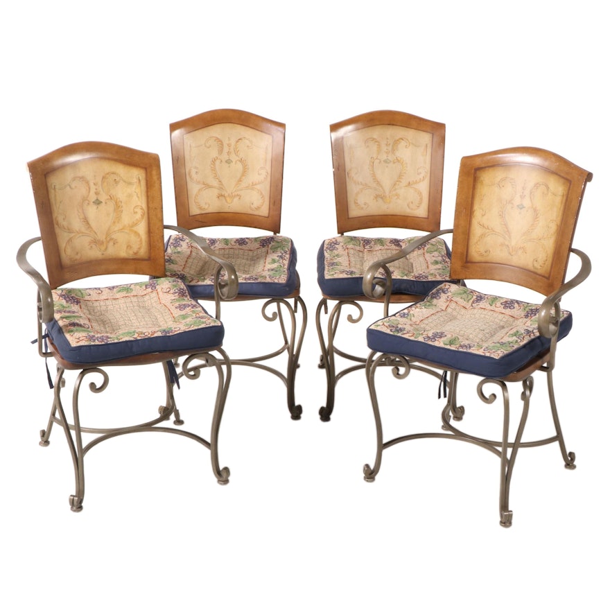 Four French Provincial Style Paint-Decorated Wood and Iron Dining Chairs
