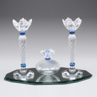 Swarovski Crystal "Blue Flower" Candle Holders and Lidded Jewel Box with Mirror