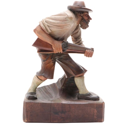 Black Forest Style Polychrome Carved Wooden Hunter Figurine