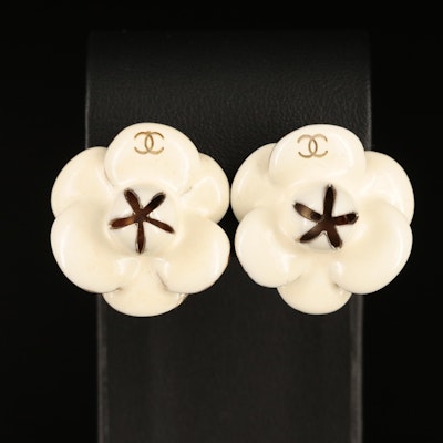Chanel Enamel CC Logo Camellia Earrings
