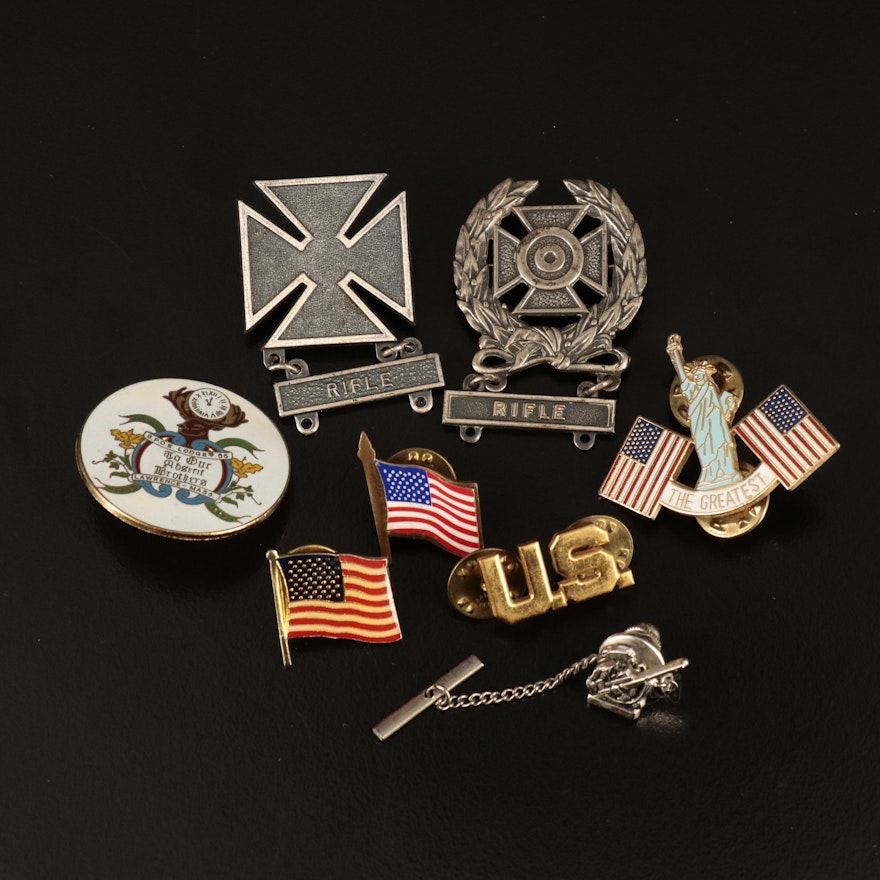 Military Badges, Flags and Pins Including Sterling Badge with Wreath