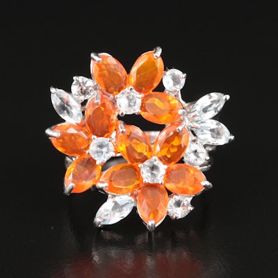 Sterling Fire Opal and Aquamarine Floral Ring
