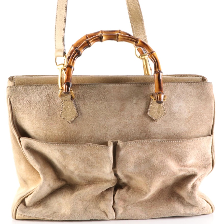 Gucci Bamboo Handle Bag in Suede and Leather with Detachable Strap