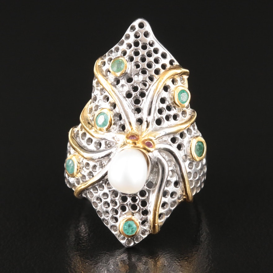 Sterling Pearl and Emerald Octopus Ring