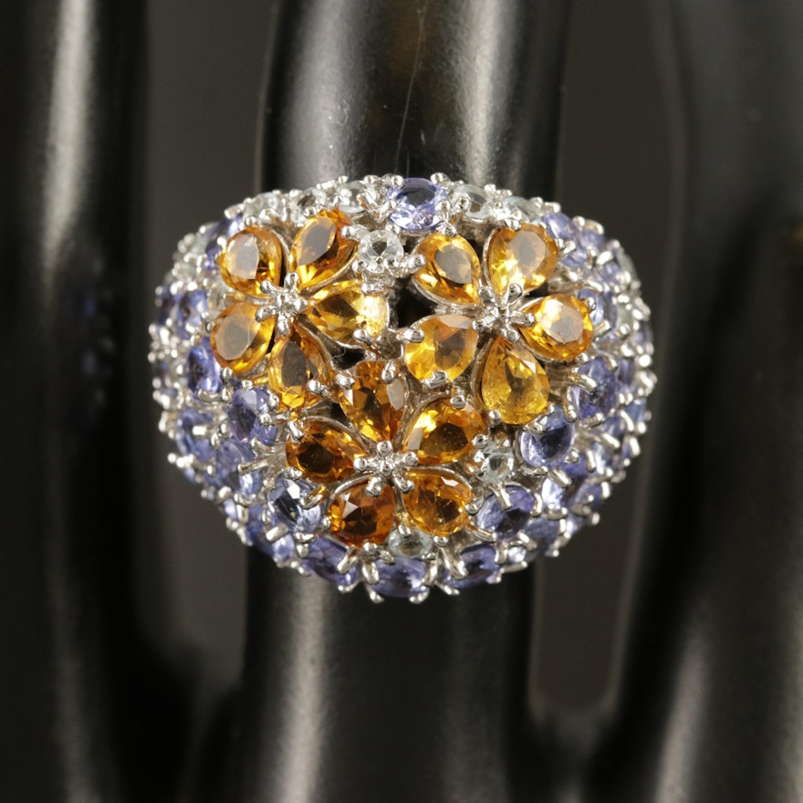 Sterling Tanzanite and Citrine Domed Flower Ring