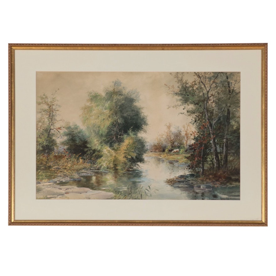 Francis Stayman Medairy Watercolor Painting of Pastoral Landscape with Cows