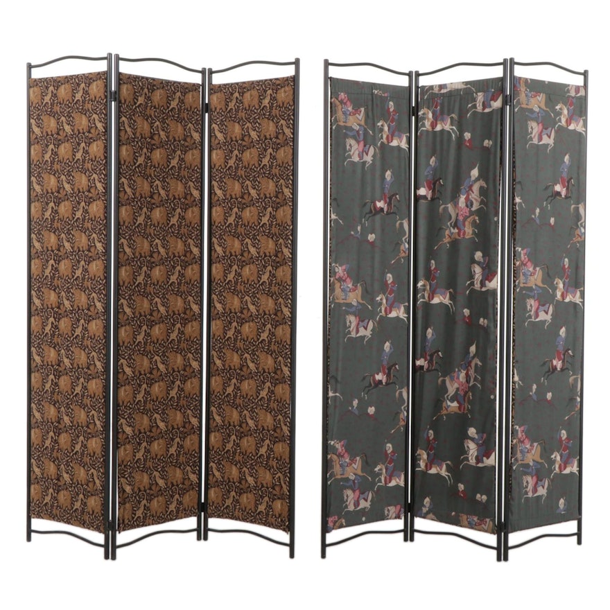 Pair of Metal Rod and Hanging Fabric Three-Panel Folding Room Screens