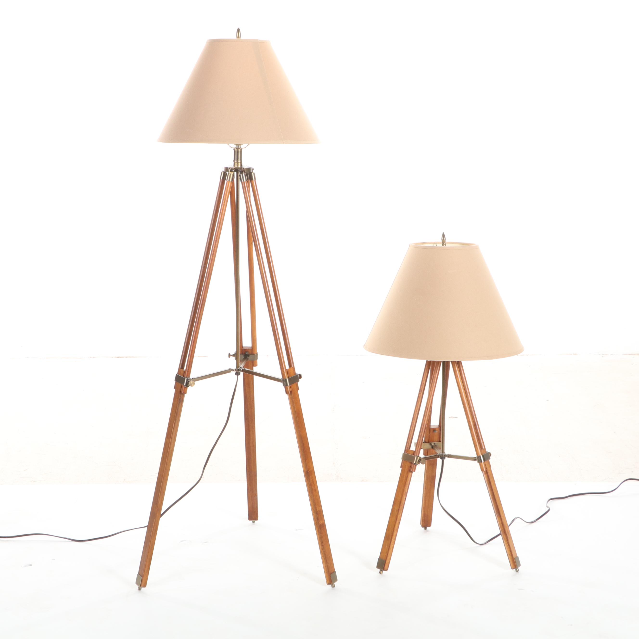 Wood and Brass Surveyor's Tools Tripod Adjustable Floor and Table Lamps EBTH