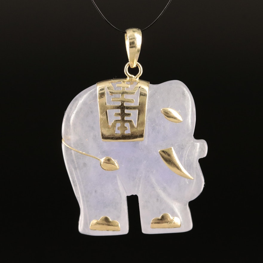 14K Carved Jadeite Elephant Pendant with Longevity Accent