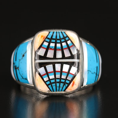 Southwestern Sterling Inlay Ring with Tewa Face Accents