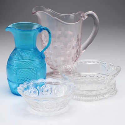 Cut Glass Basketweave Pitcher and Other Glass Tableware, Early to Mid-20th C.