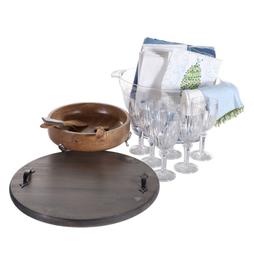 Crystal Stemware with Wooden Serving Tray and Other Tableware
