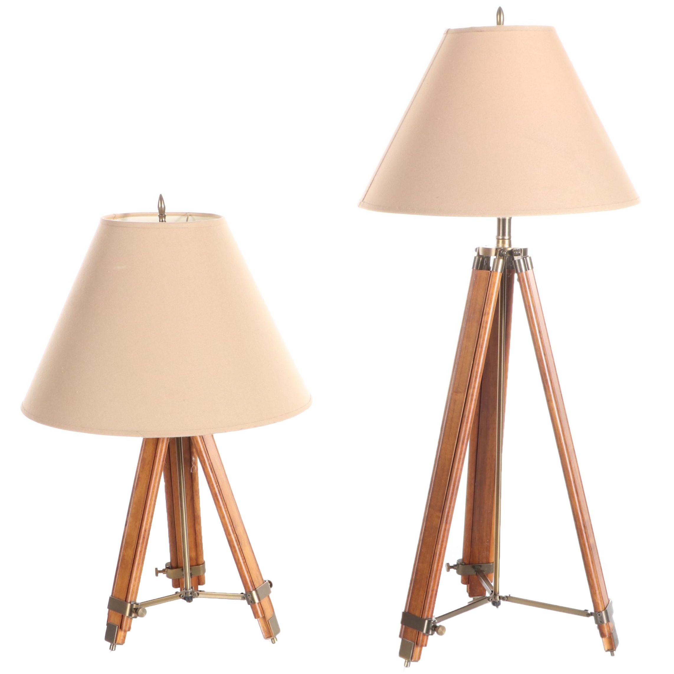 Wood and Brass Surveyor's Tools Tripod Adjustable Floor and Table Lamps EBTH