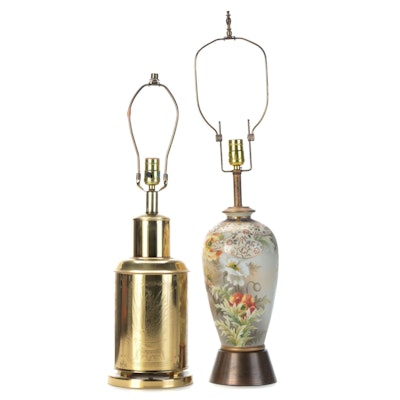 Brass Tea Canister and Painted Ceramic Table Lamps, Mid to Late 20th Century