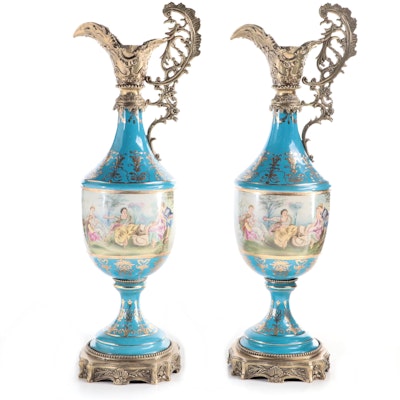 Sèvres Style Porcelain Bleu Céleste Ormolu Mounted Ewers