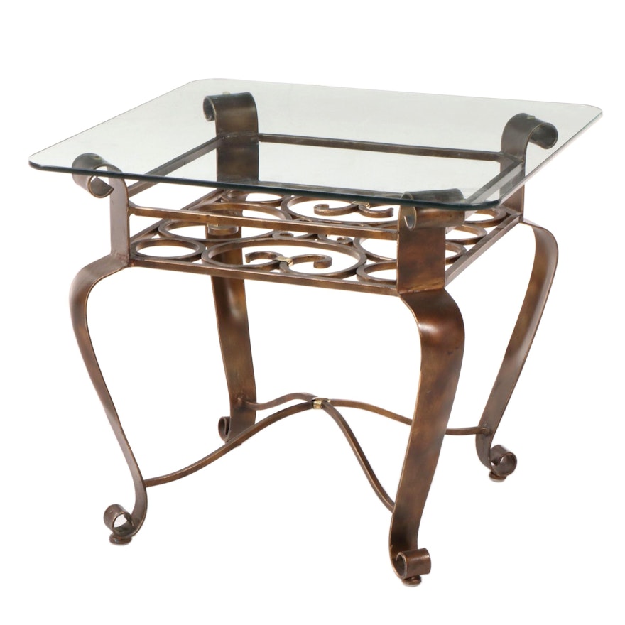 Bronze-Patinated Metal and Glass Top Side Table