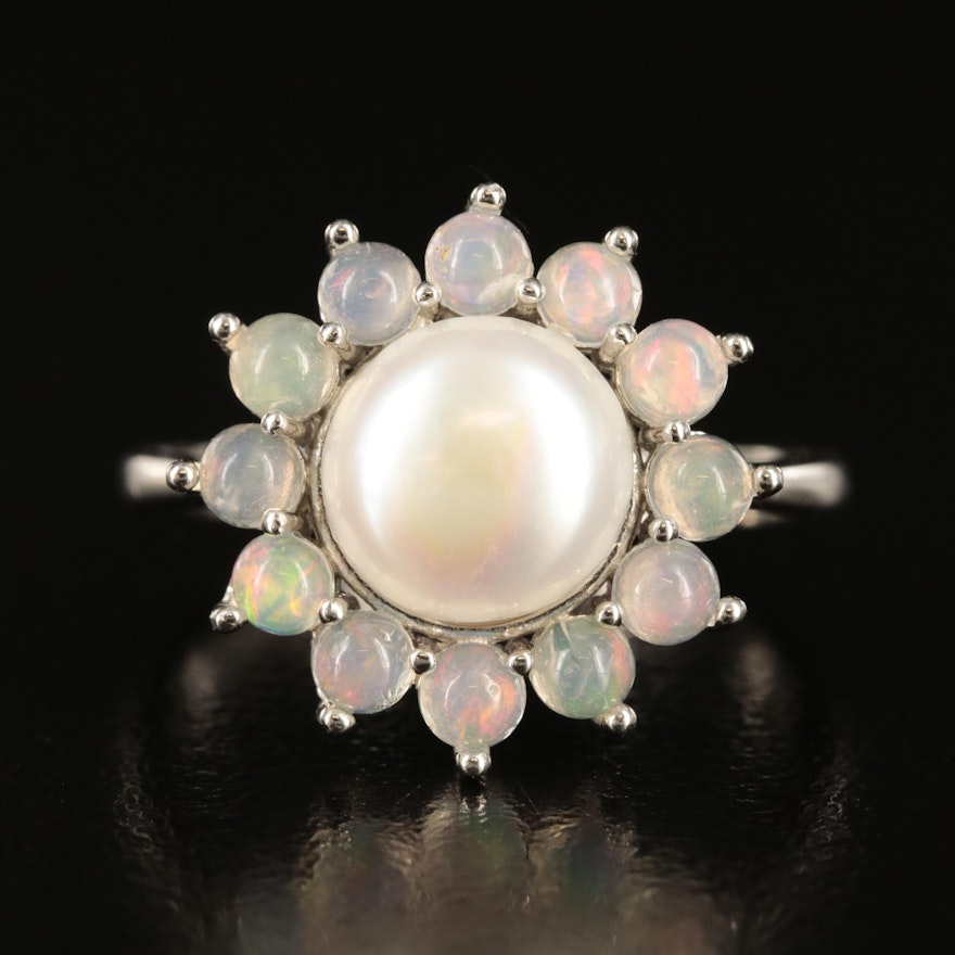 Sterling Pearl and Opal Halo Ring