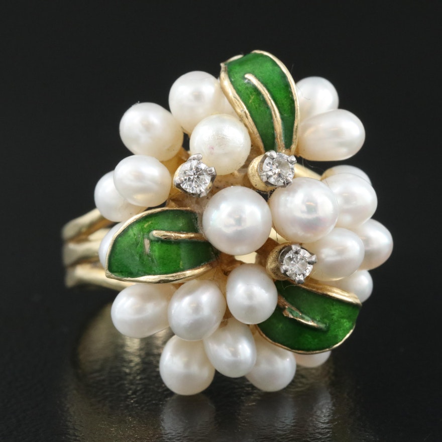 Vintage 14K Pearl, Diamond and Enamel Ring with Platinum Heads