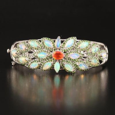 Sterling Fire Opal, Opal and Diopside Floral Hinged Bangle