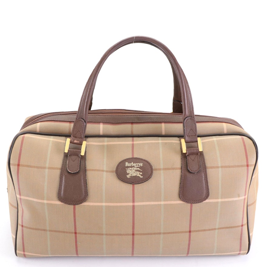 Burberrys Bowler Handbag in Plaid Twill and Brown Cross Grain Leather
