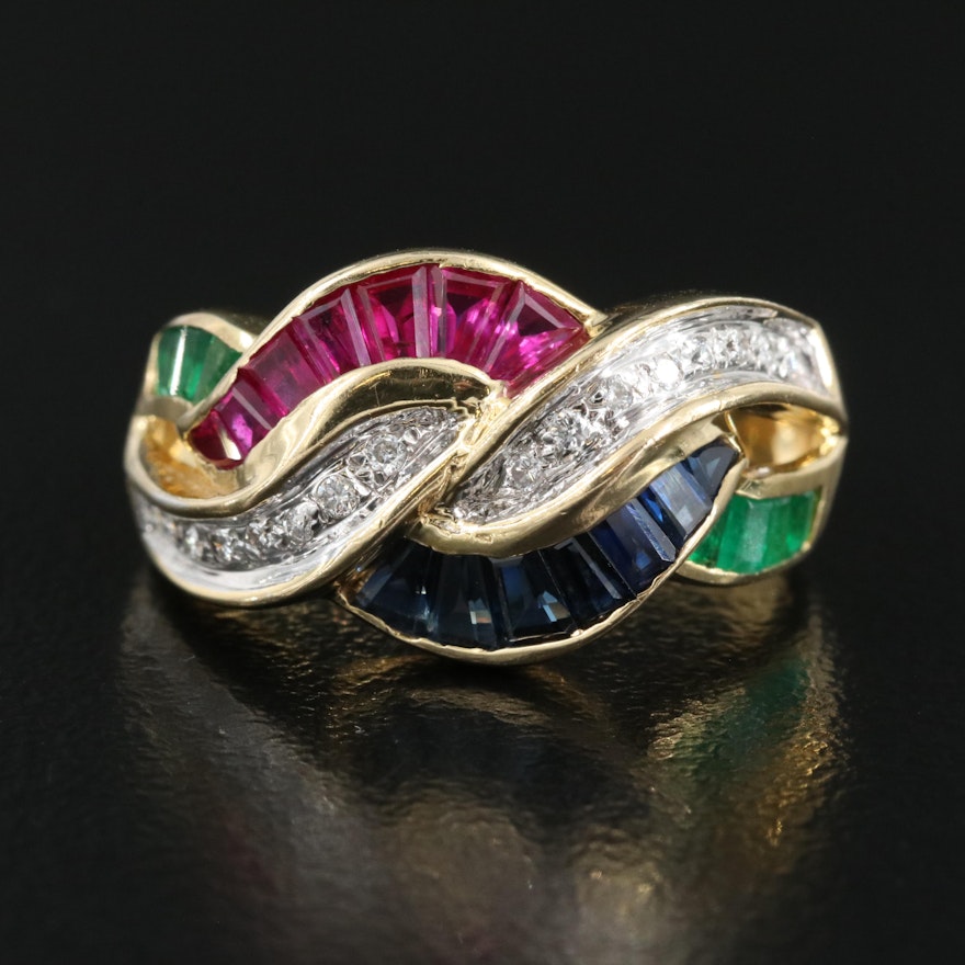 Vintage 18K Ruby, Sapphire, Emerald and Diamond Crossover Ring