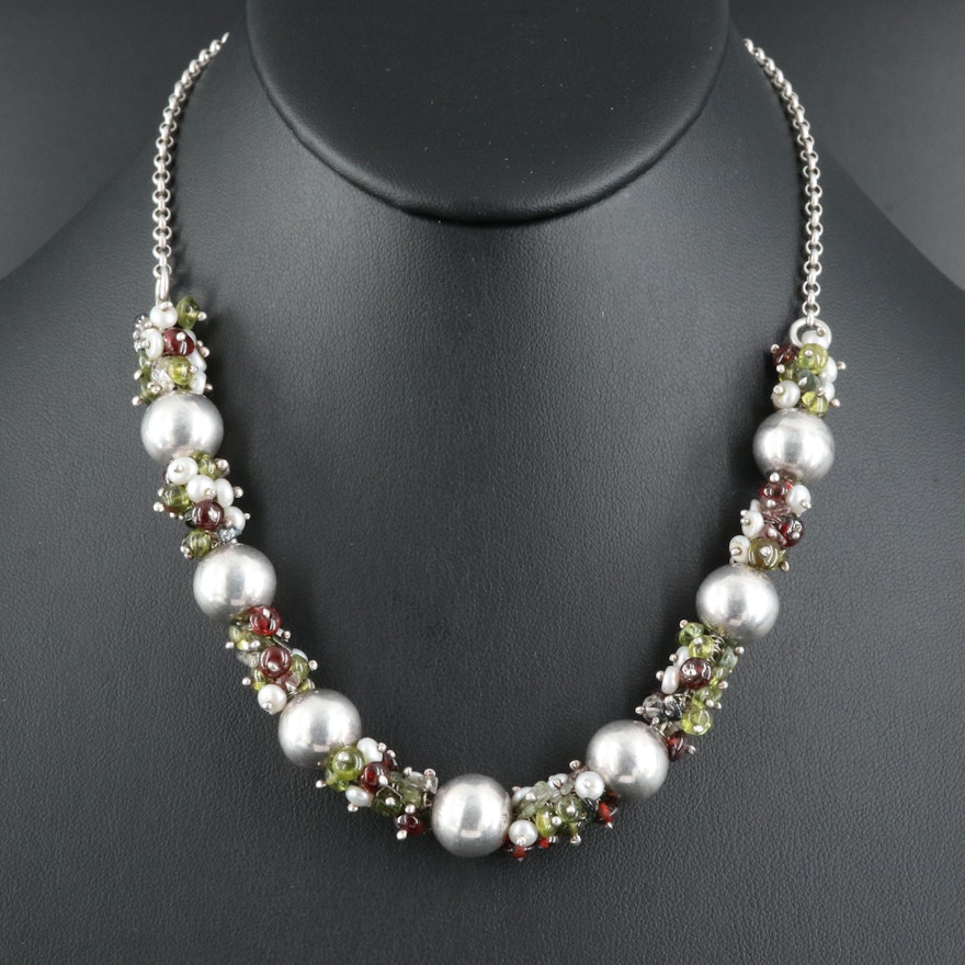 Sterling Necklace Including Pearl, Garnet and Peridot