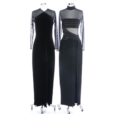 Tadashi Shoji Sheer Mesh Illusion Bodice Evening Dresses with Front Slits