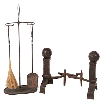Two Wrought Iron Fireplace Tools with Stand Plus Pair of Peerless Andirons