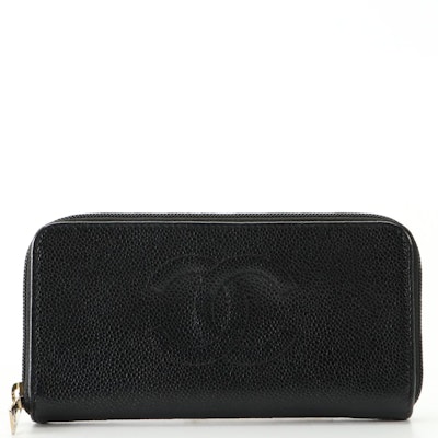 Chanel CC Zip-Around Wallet in Black Caviar Leather with Box