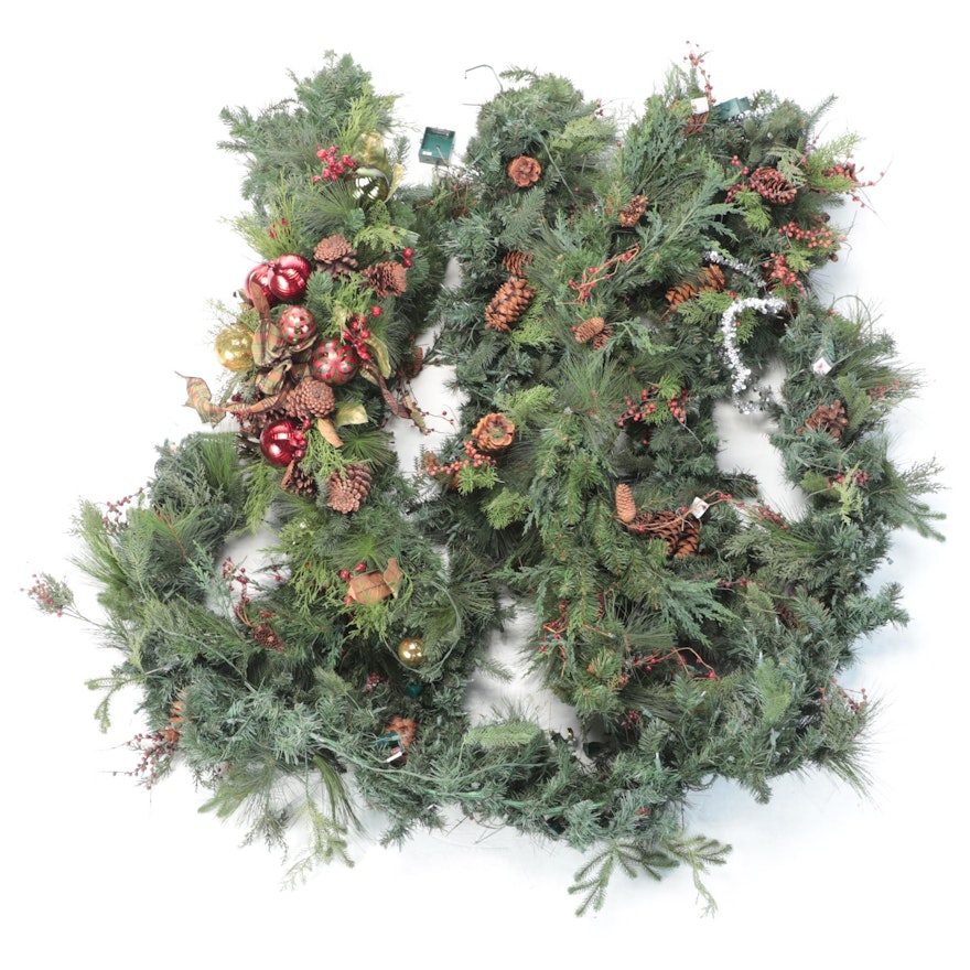 Pinecone and Berry Decorated Artificial Illuminated Pine Garlands
