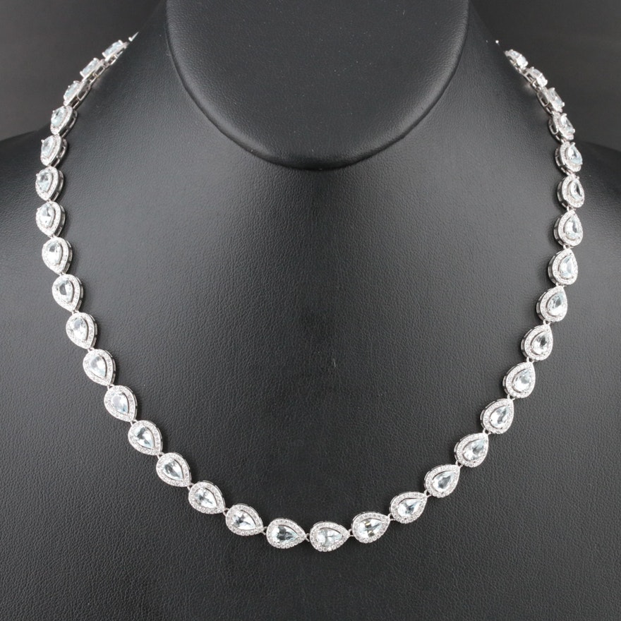 Sterling Aquamarine and Cubic Zirconia Rivière Necklace