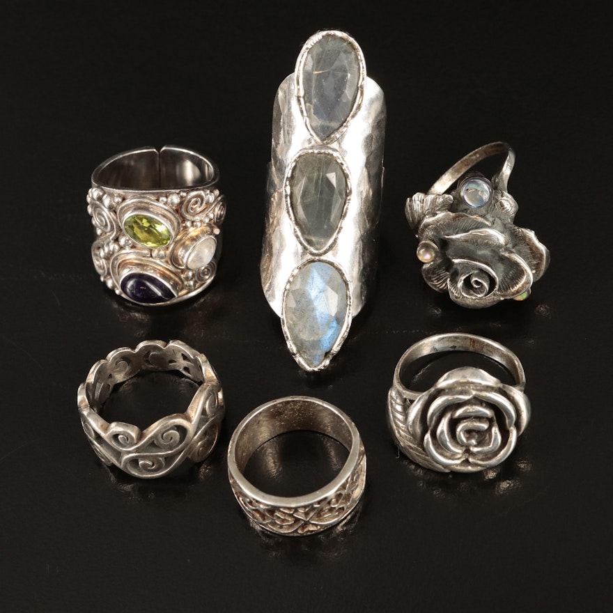 Sajen, Studio and Floral Rings Featuring Sterling, Labradorite and Moonstone