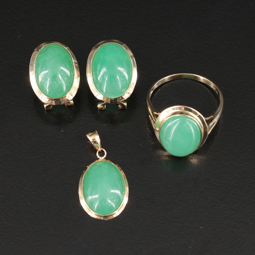 14K Jadeite Earrings, Ring and Pendant