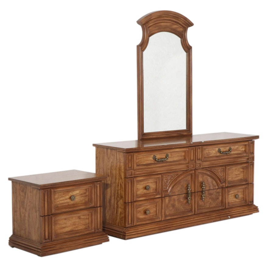 Spanish Baroque Style Fruitwood-Finished Six-Drawer Dresser and Mirror, 1970s