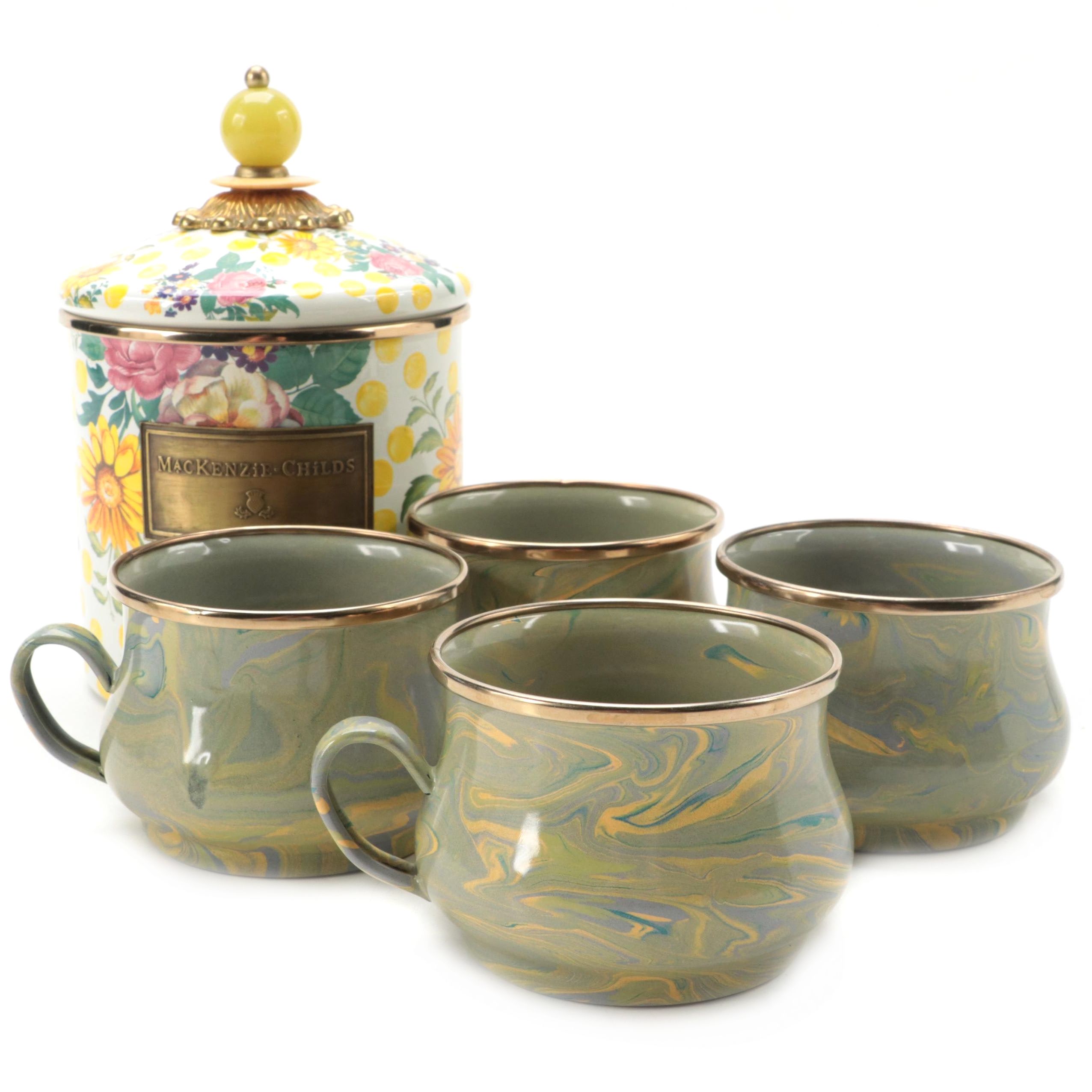 Camp MackenzieChilds Enamelware Mugs and "Buttercup" Canister EBTH