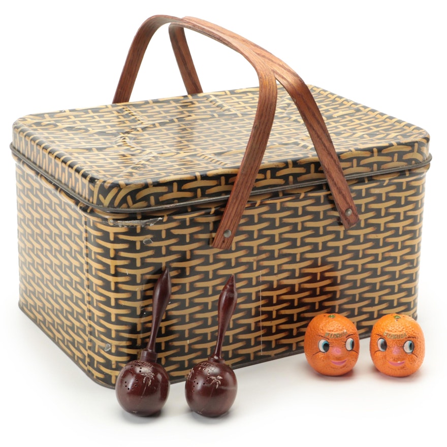 Metal Picnic Basket with Novelty Salt and Pepper Shakers, Mid-20th Century