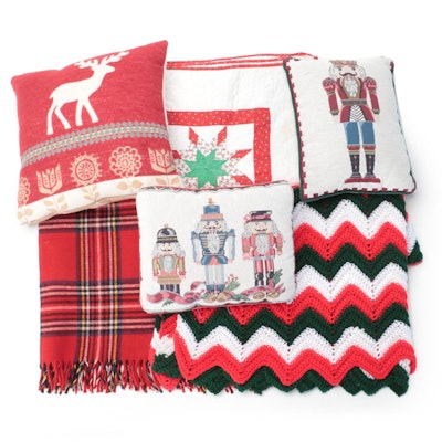 Hand-Pieced "Lone Star" Quilt and Other Christmas Themed Throws and Pillows