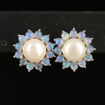 Sterling Pearl and Opal Button Earrings