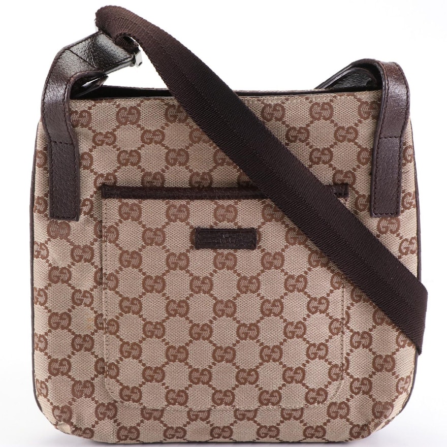 Gucci Flat Crossbody in GG Canvas and Brown Cinghiale Leather