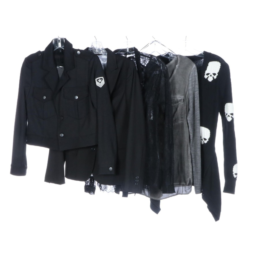 P Luca Skull Motif Cardigan, Laveer Military Style Crop Jacket, and Other Tops
