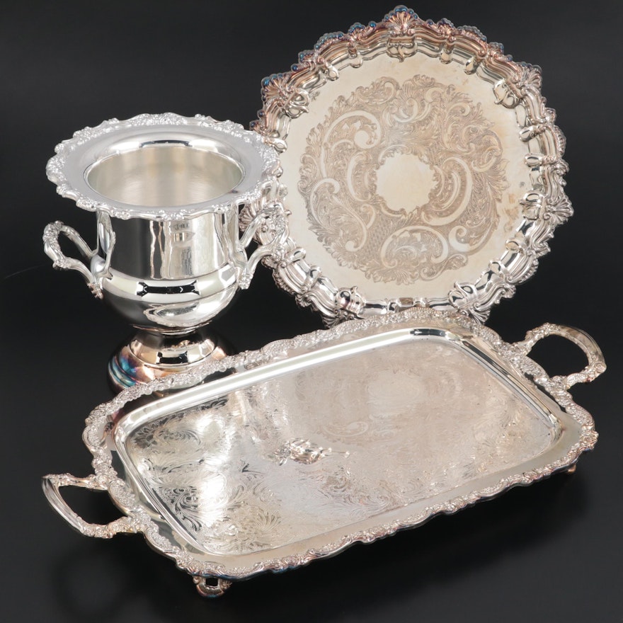 Oneida Silver Plate Wine Chiller with Oneida and Other Silver Waiter's Trays