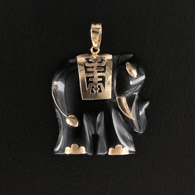 14K Carved Black Onyx Elephant Pendant with Longevity Accent